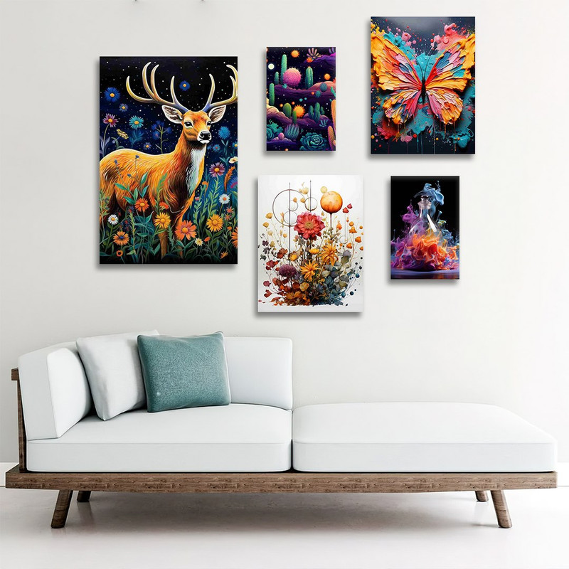 تابلو شاسی بکلیت طرح نقاشی رنگ روغن و پروانه مدل SH-1258 مجموعه 5 عددی