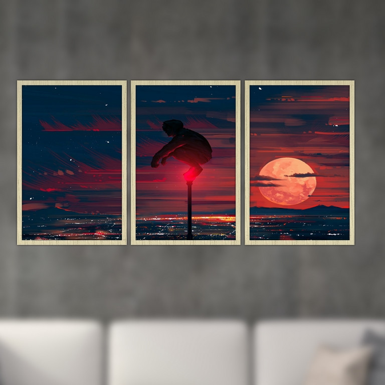 تابلو بکلیت طرح نقاشی منظره شهری و غروب آفتاب مدل S-4796 مجموعه 3 عددی