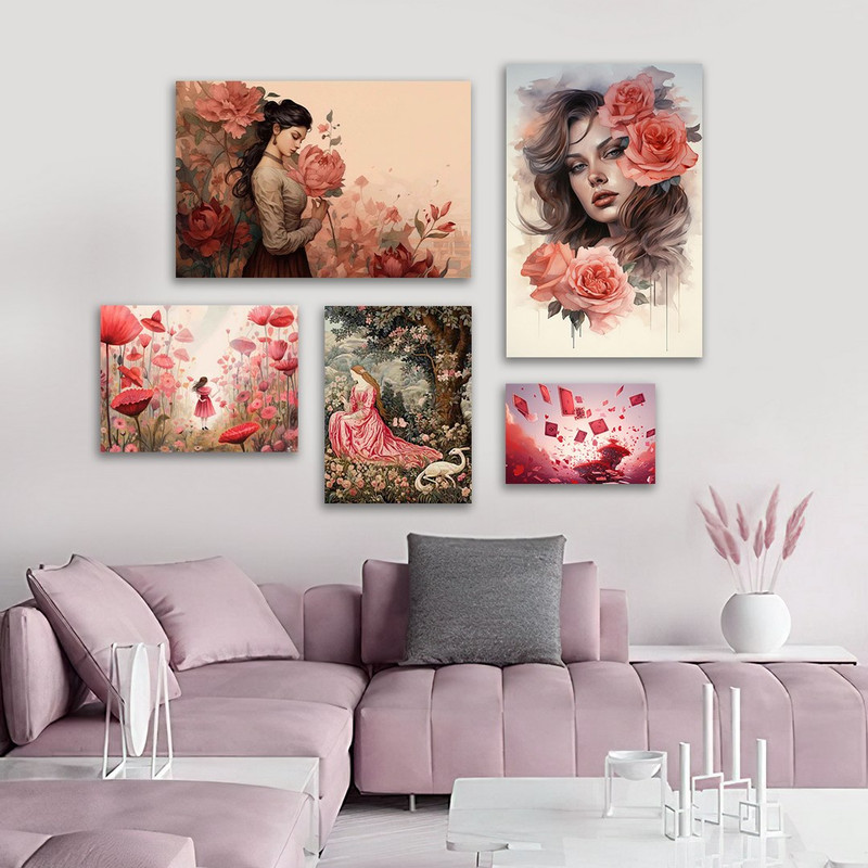 تابلو شاسی بکلیت طرح گل رنگی صورتی مدل SH-1216 مجموعه 5 عددی 