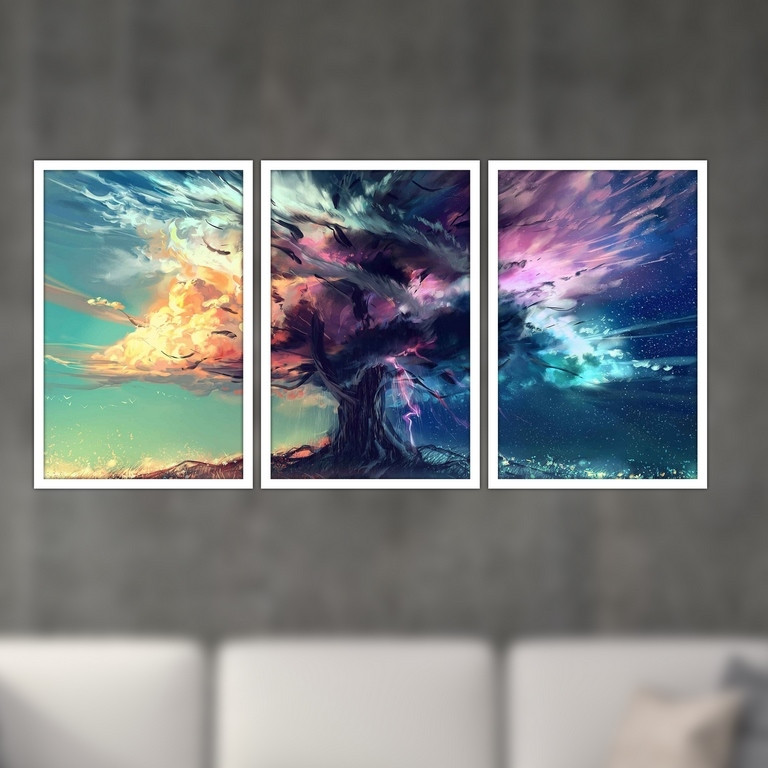 تابلو بکلیت طرح نقاشی آبرنگ تک درخت مدل W-S4932 مجموعه 3 عددی