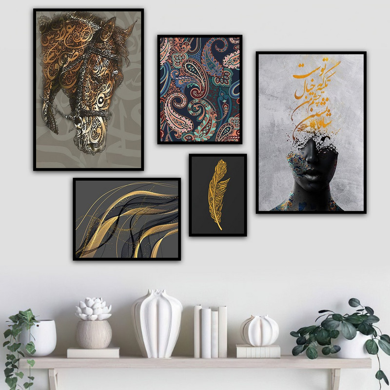 تابلو بکلیت طرح ورق طلا طبیعت و اسب مدل B-752 مجموعه 5 عددی