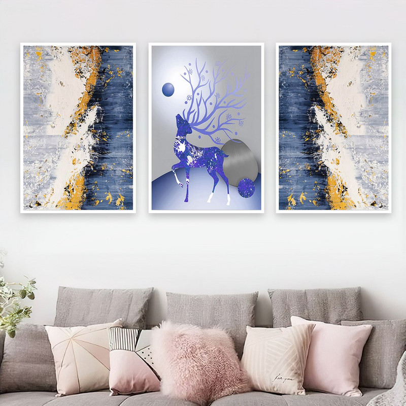 تابلو بکلیت طرح نقاشی ورق طلا طبیعت و گوزن W-764 مجموعه 3 عددی