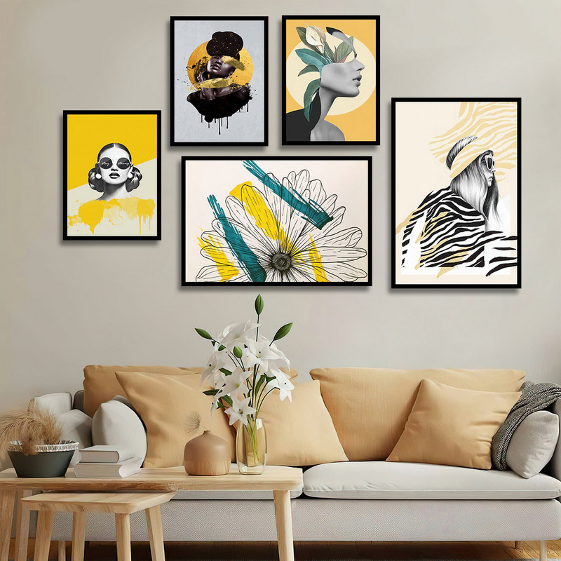 تابلو بکلیت طرح نقاشی مدرن چهره و گل مدل B-1822 مجموعه 5 عددی