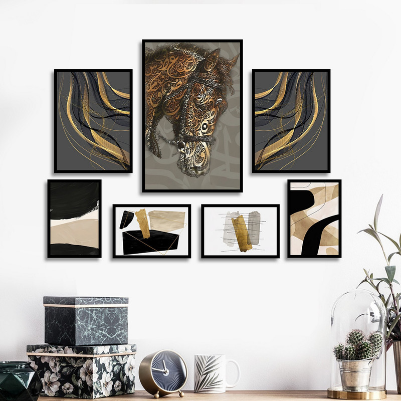 تابلو بکلیت طرح مدرن ورق طلا خطاطی و اسب مدل B-1796 مجموعه 7 عددی