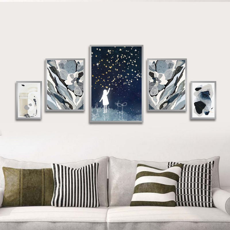 تابلو بکلیت طرح نقاشی مدرن آبرنگی و آسمان شب مدل SI-1790 مجموعه 5 عددی