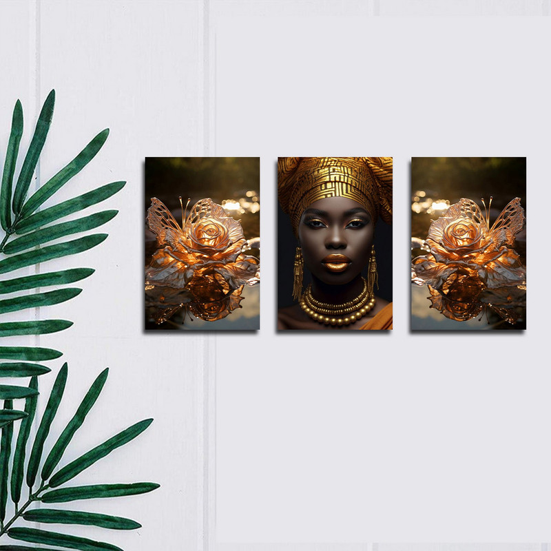 تابلو شاسی بکلیت طرح مدرن چهره زن آفریقایی و گل طلایی مدل SH-1750 مجموعه 3 عددی