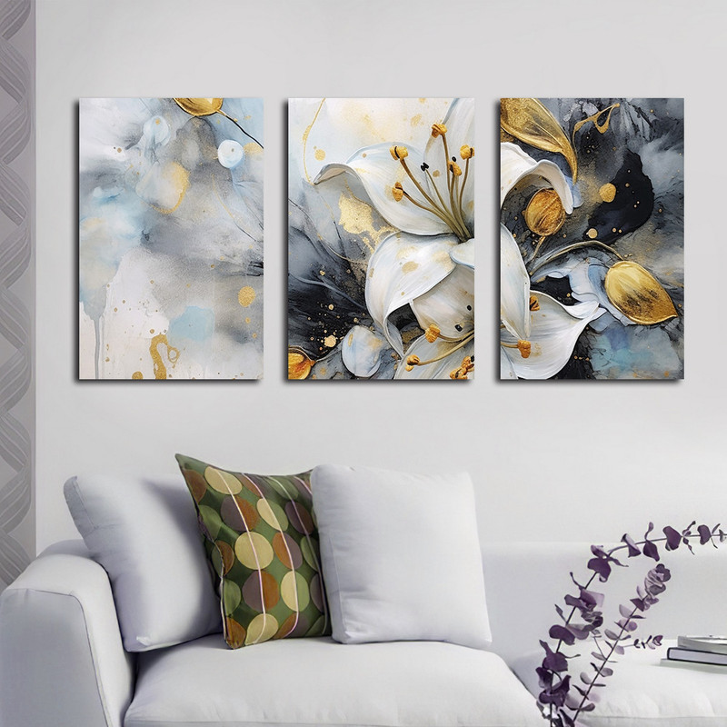 تابلو شاسی بکلیت طرح نقاشی مدرن طبیعت و گل مدل SH-1596 مجموعه 3 عددی