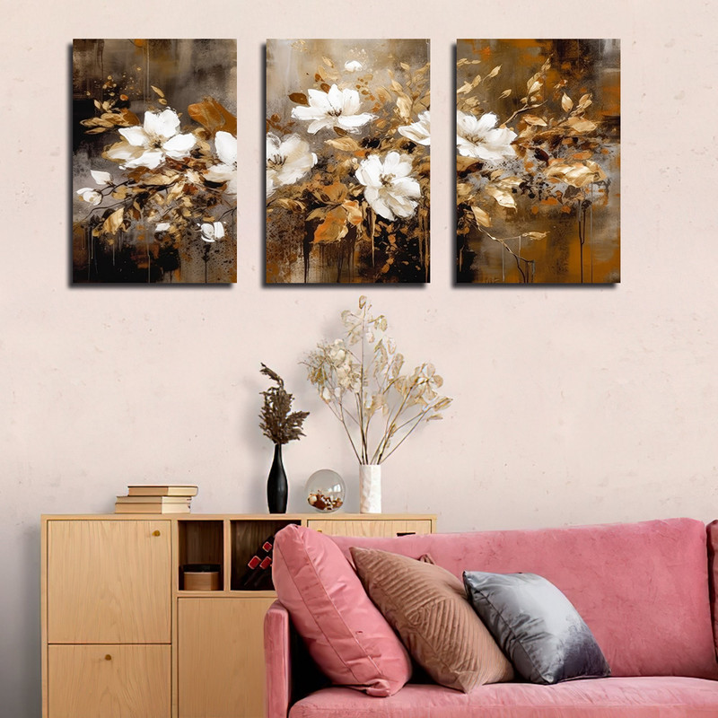 تابلو شاسی بکلیت طرح نقاشی مدرن رنگ روغن گل مدل SH-1582 مجموعه 3 عددی