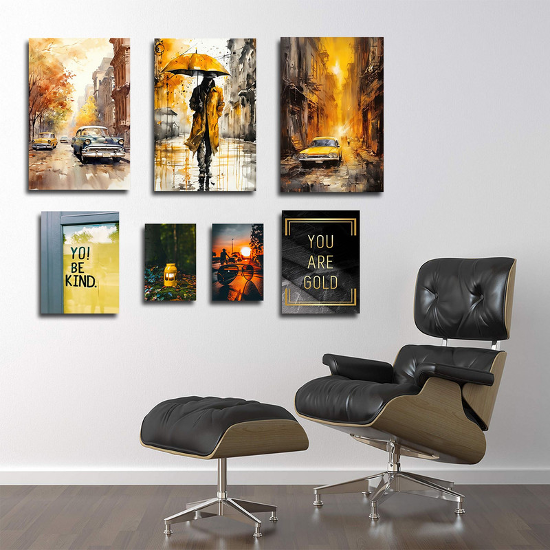 تابلو شاسی بکلیت طرح نقاشی رنگ روغن منظره شهر و ماشین مدل SH-1560 مجموعه 7 عددی