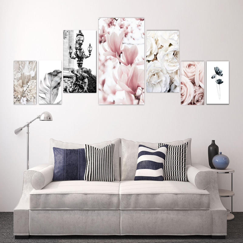 تابلو شاسی بکلیت طرح مدرن گل رز صورتی و پر مدل SH-1911 مجموعه 7 عددی