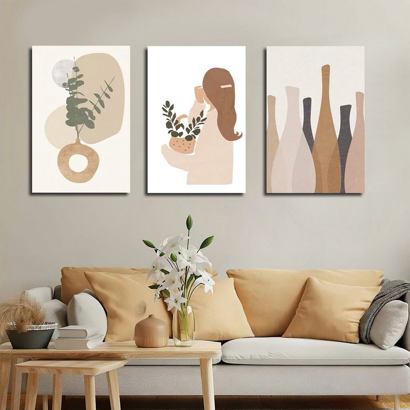 تابلو شاسی بکلیت طرح نقاشی مدرن مینیمال گلدان مدل SH-1719 مجموعه 3 عددی