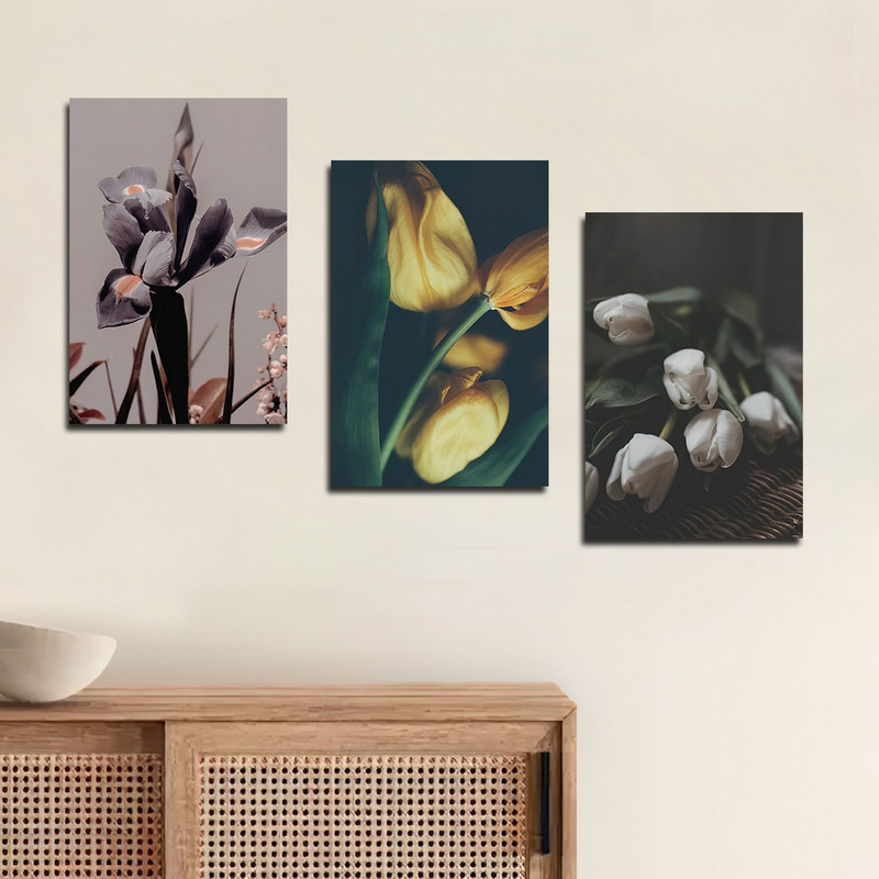 تابلو شاسی بکلیت طرح مدرن طبیعت و گل لاله مدل SH-1722 مجموعه 3 عددی