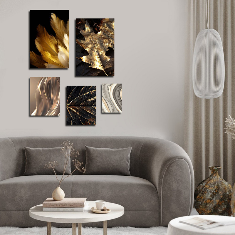 تابلو شاسی بکلیت طرح مدرن ورق طلا برگ و پر مدل SH-1723 مجموعه 5 عددی