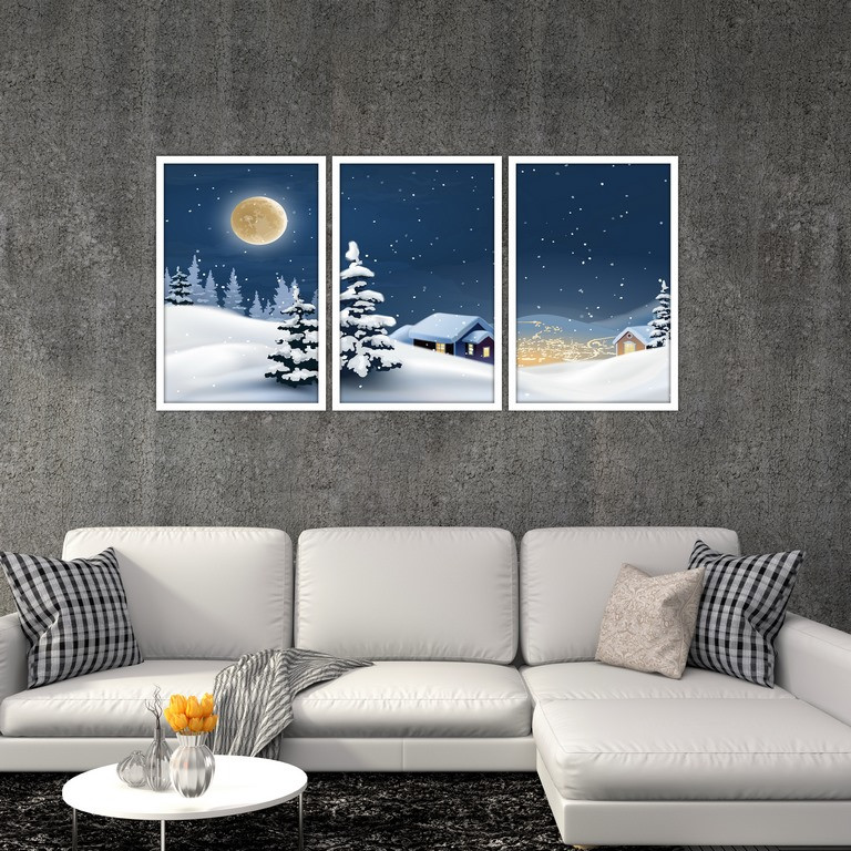 تابلو بکلیت طرح نقاشی زمستان و درخت کاج مدل W-S4760 مجموعه 3 عددی 