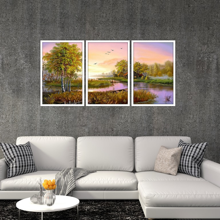 تابلو بکلیت طرح نقاشی منظره بهاری مدل W-S4828 مجموعه 3 عددی