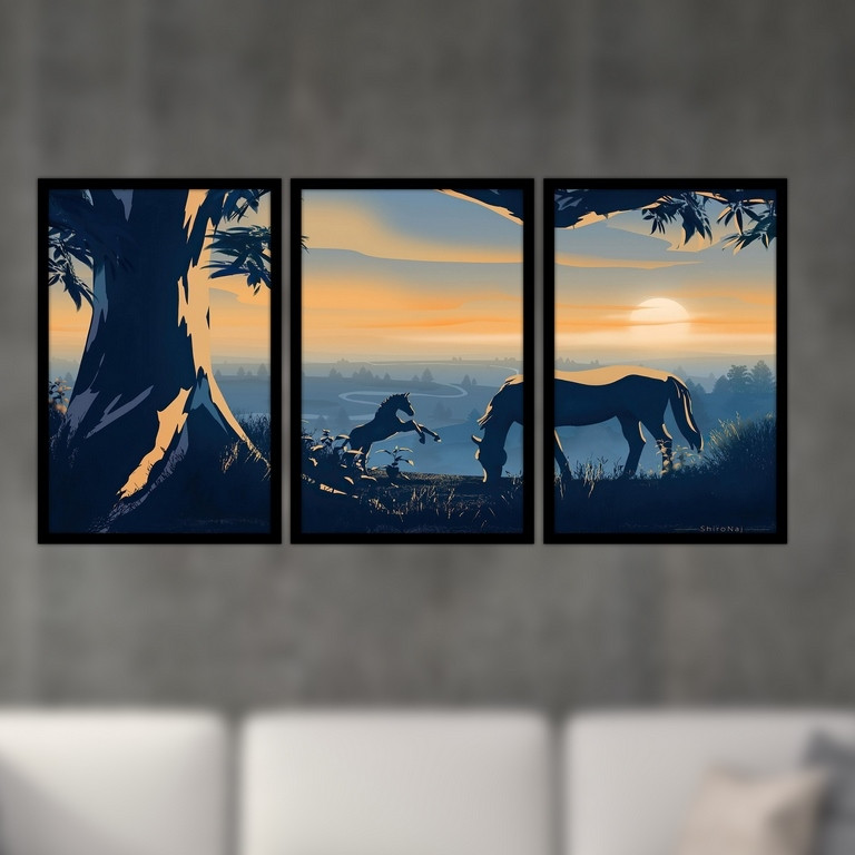 تابلو بکلیت طرح نقاشی دشت و اسب مدل B-S4976 مجموعه 3 عددی