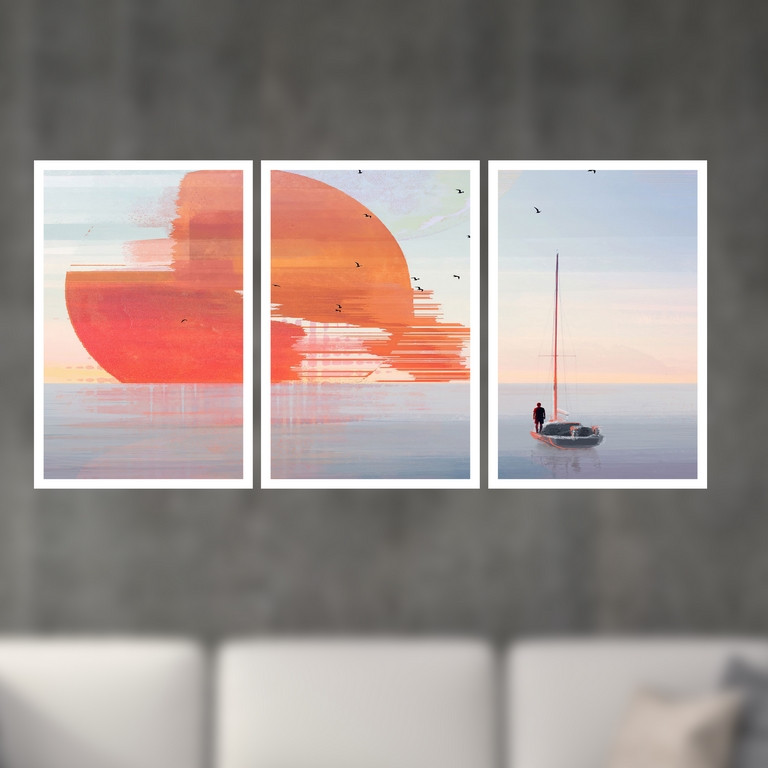تابلو بکلیت طرح نقاشی دریا و غروب آفتاب مدل W-S4853 مجموعه 3 عددی