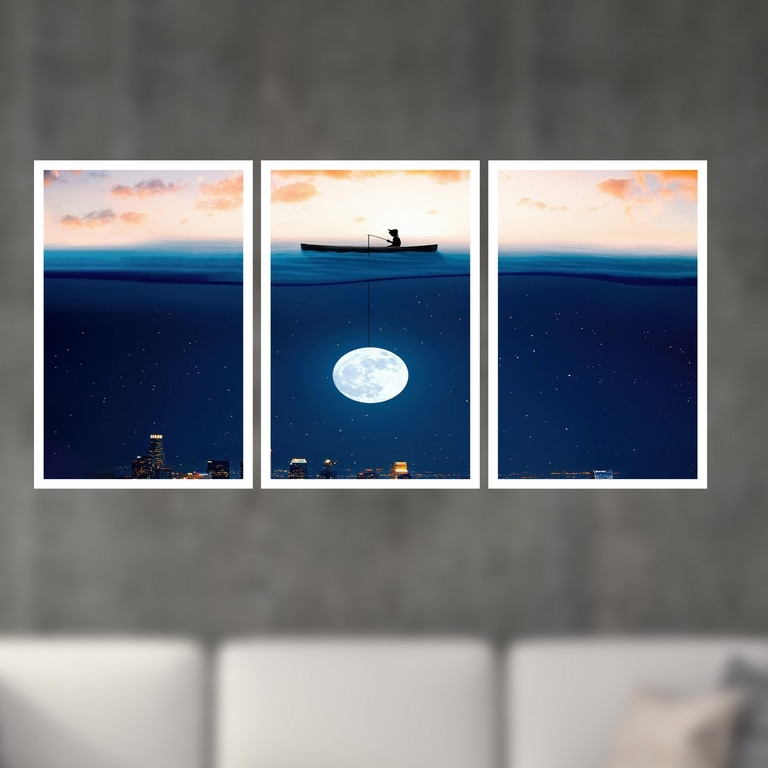 تابلو بکلیت طرح  نقاشی فانتزی آسمان شب و مهتاب مدل W-S4902 مجموعه 3 عددی
