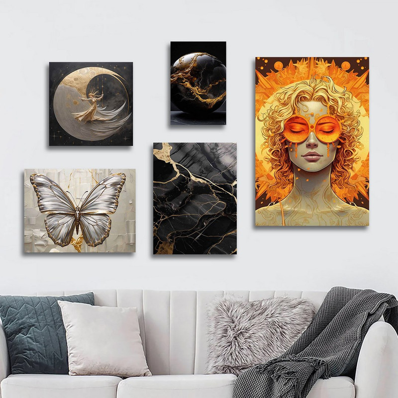 تابلو شاسی بکلیت طرح نقاشی پروانه و ماه مدل SH-1231  مجموعه 5 عددی