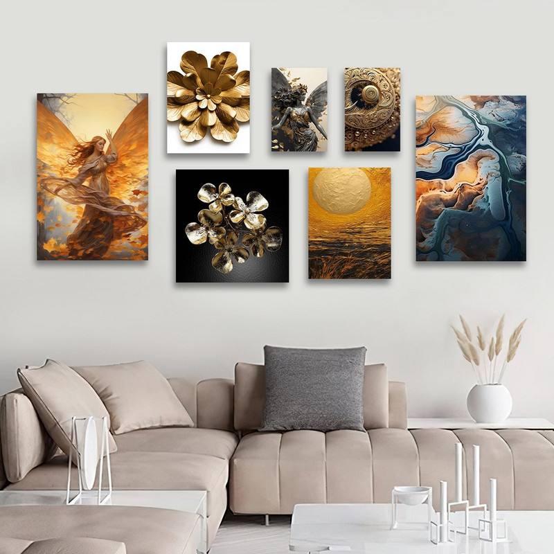 تابلو شاسی بکلیت طرح گل و ماه و چهره طلایی مدل SH-1219 مجموعه 7 عددی 