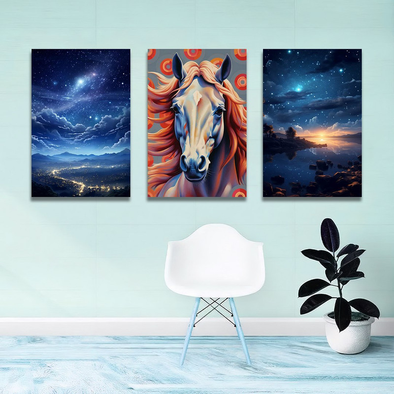 تابلو شاسی بکلیت طرح آسمان شب و اسب مدل SH-1205  مجموعه 3 عددی