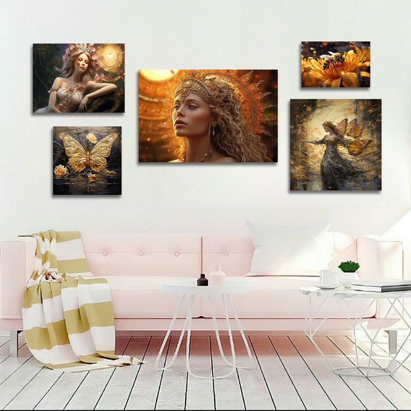 تابلو شاسی بکلیت طرح چهره و گل و پروانه طلایی مدل SH-1212  مجموعه 5 عددی