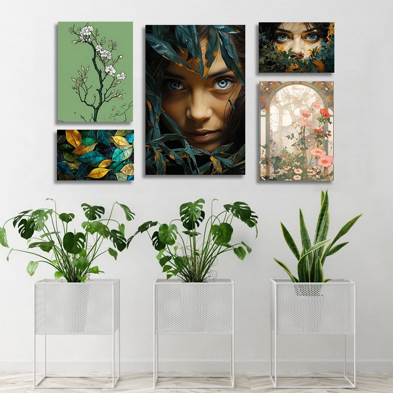 تابلو شاسی بکلیت طرح چهره و گل رنگی و برگ مدل SH-1192  مجموعه 5 عددی