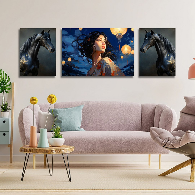 تابلو شاسی بکلیت طرح اسب سیاه و زن کره ای مدل SH-1188  مجموعه 3 عددی