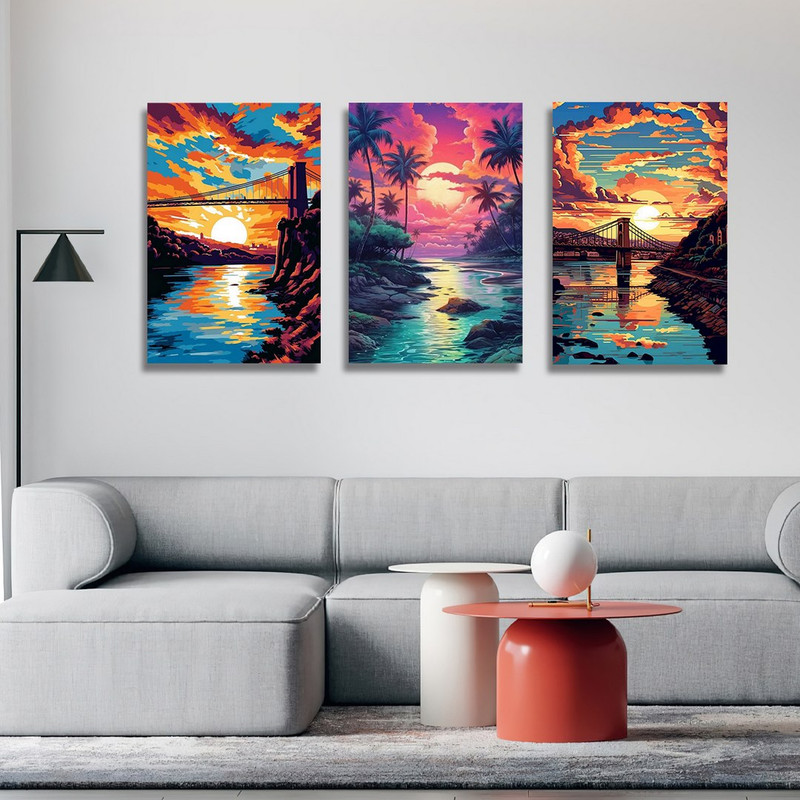 تابلو شاسی بکلیت طرح نقاشی طلوع خورشید مدل SH-1177  مجموعه 3 عددی