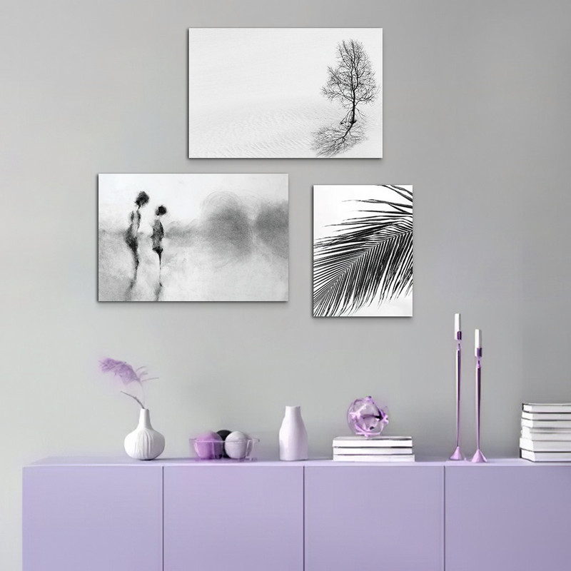 تابلو شاسی بکلیت طرح نقاشی درخت تک سیاه و سفید مدل SH-996 مجموعه 3 عددی