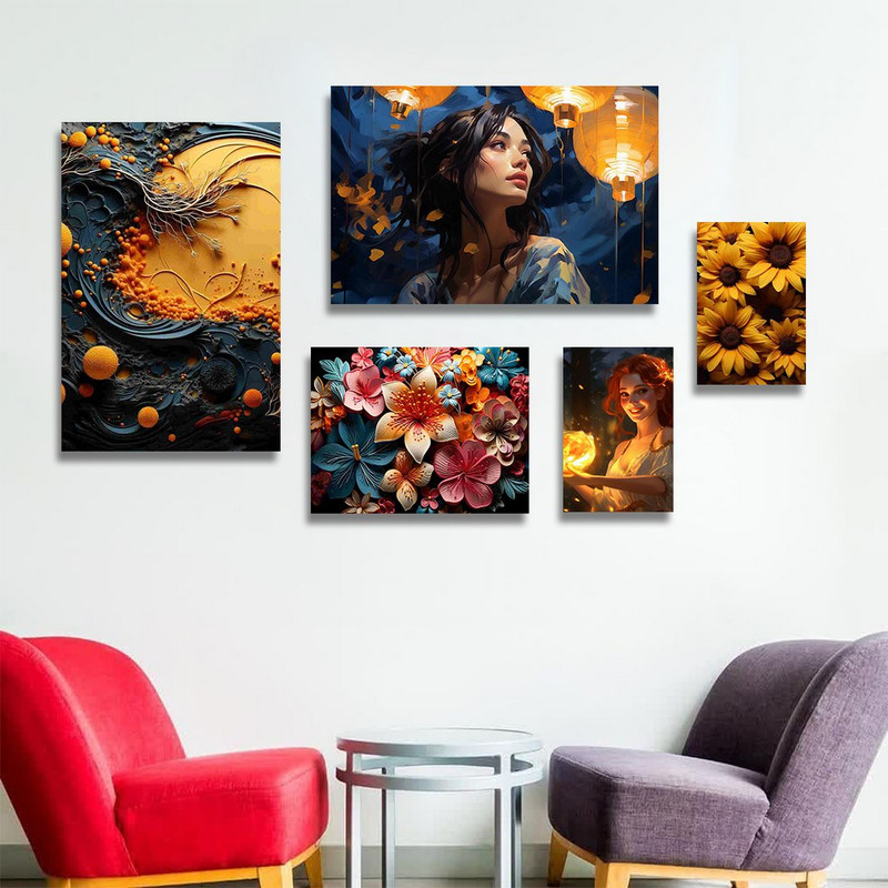 تابلو شاسی بکلیت طرح نقاشی دخترانه و گل مدل SH-1357 مجموعه 5 عددی