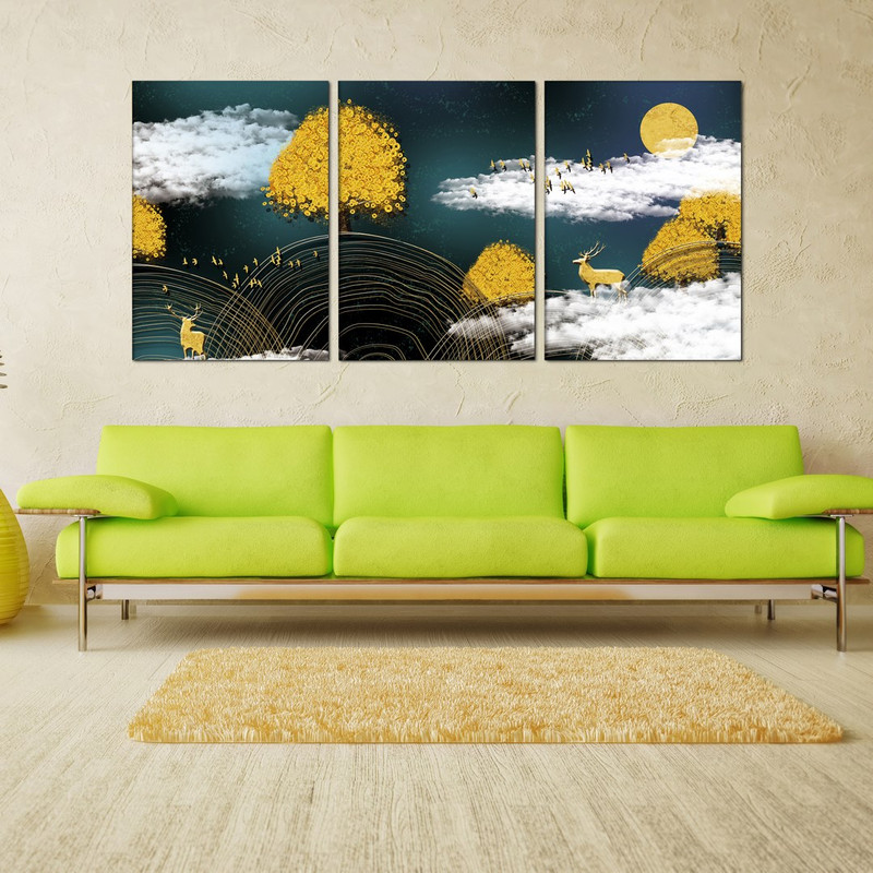 تابلو شاسی بکلیت طرح نقاشی مدرن آسمان و گوزن مدل SH-422 مجموعه 3 عددی