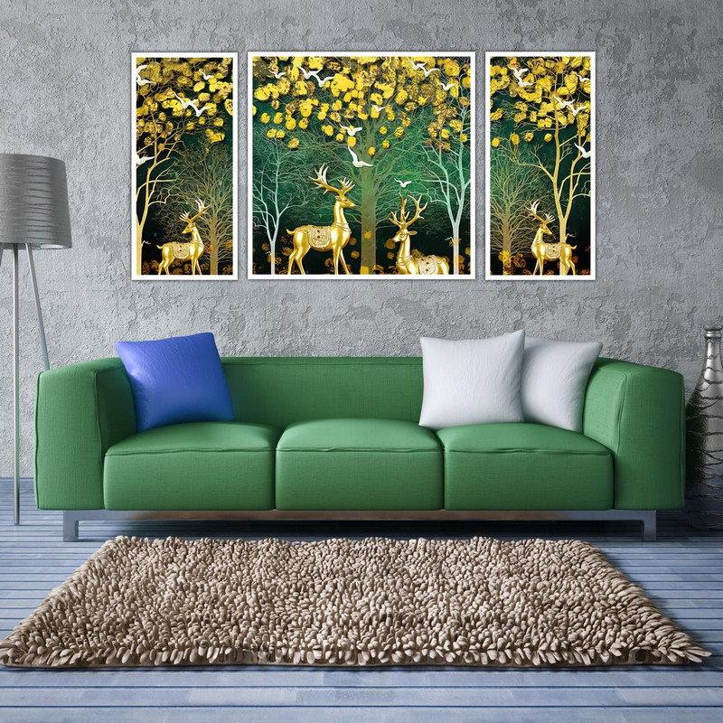 تابلو بکلیت طرح دکوراتیو گوزن طلایی مدل W-487 مجموعه 3 عددی