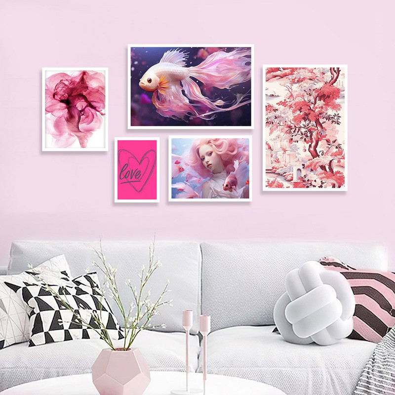 تابلو بکلیت طرح ماهی رنگی و گل صورتی و love مدل W-1200 مجموعه 5 عددی