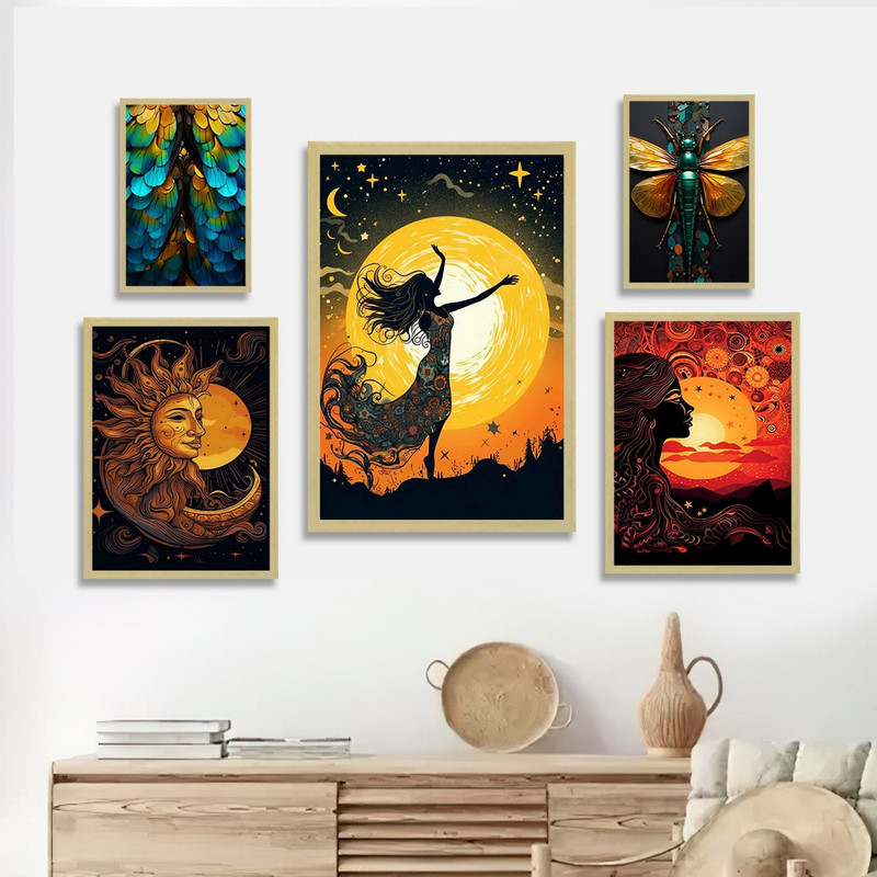 تابلو بکلیت طرح نقاشی  مدرن سنجاقک و پر طاووس مدل BE-1194 مجموعه 5 عددی