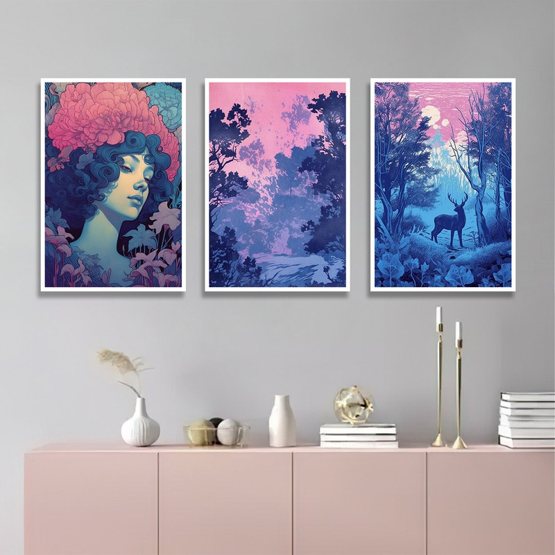 تابلو بکلیت طرح نقاشی جنگل و گوزن مدل W-1174 مجموعه 3 عددی