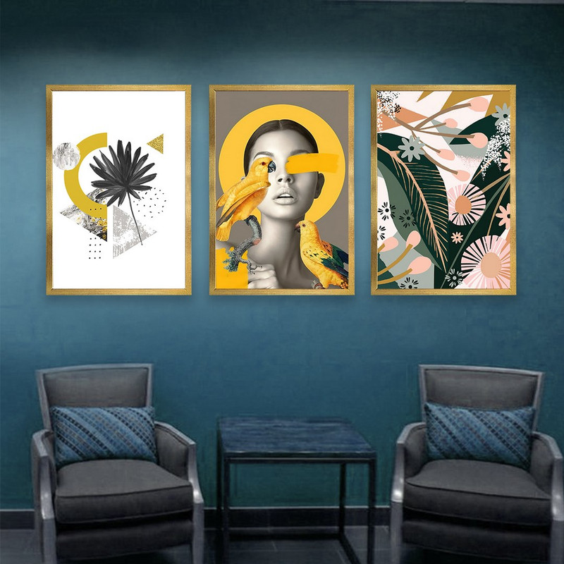 تابلو بکلیت مدل طرح نقاشی مدرن طوطی و چهره طلایی T-945 مجموعه 3 عددی