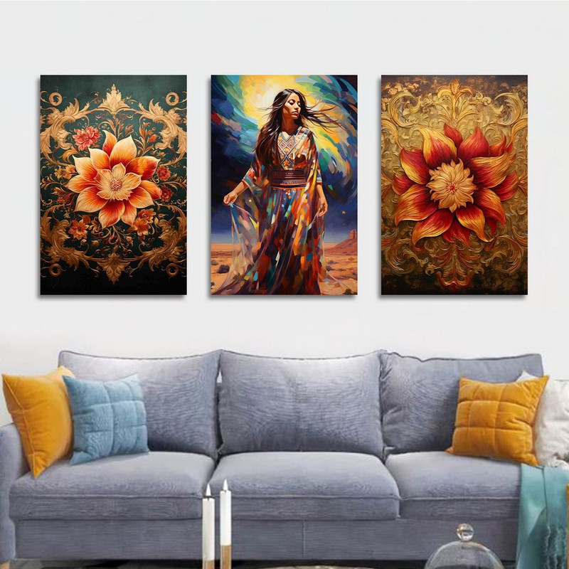 تابلو شاسی بکلیت طرح نقاشی رنگ روغن لباس سنتی و گل طلایی مدل SH-1389 مجموعه 3 عددی