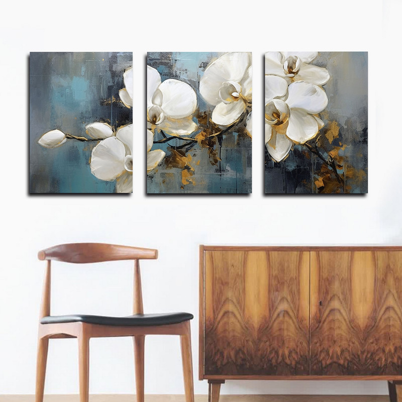 تابلو شاسی بکلیت طرح نقاشی مدرن رنگ روغن گل ارکیده مدل SH-1619 مجموعه 3 عددی