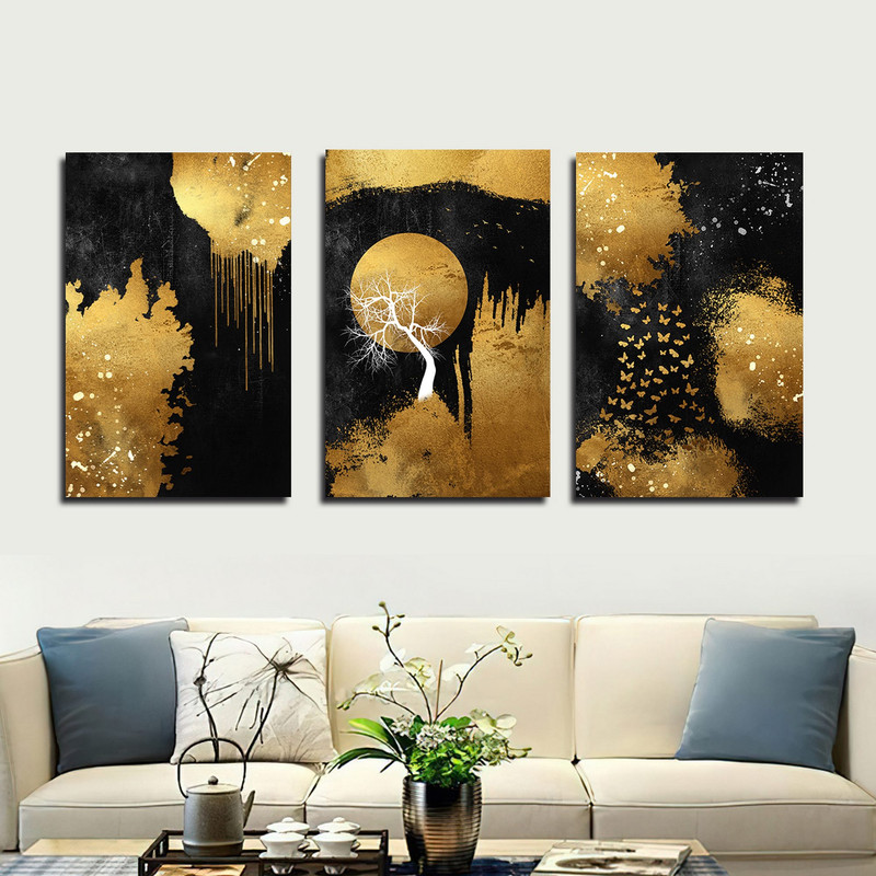 تابلو شاسی بکلیت طرح نقاشی مدرن درخت و ماه مدل SH-1586 مجموعه 3 عددی