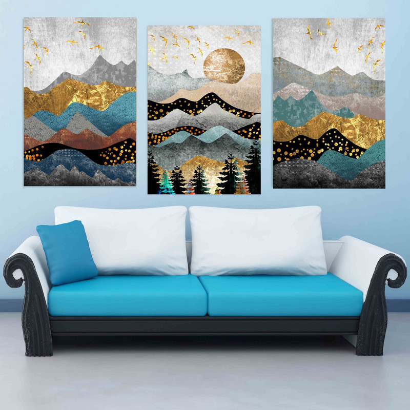 تابلو شاسی بکلیت طرح نقاشی مدرن انتزاعی و کوه مدل SH-1552 مجموعه 3 عددی