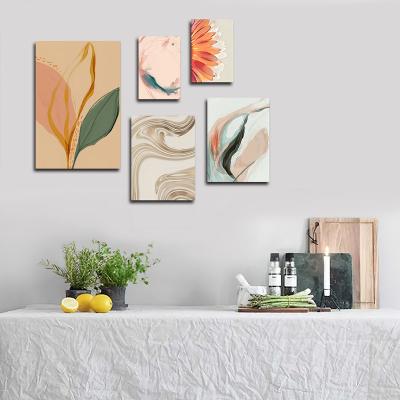 تابلو شاسی بکلیت طرح نقاشی مدرن آبرنگ برگ و گل مدل SH-1735 مجموعه 5 عددی