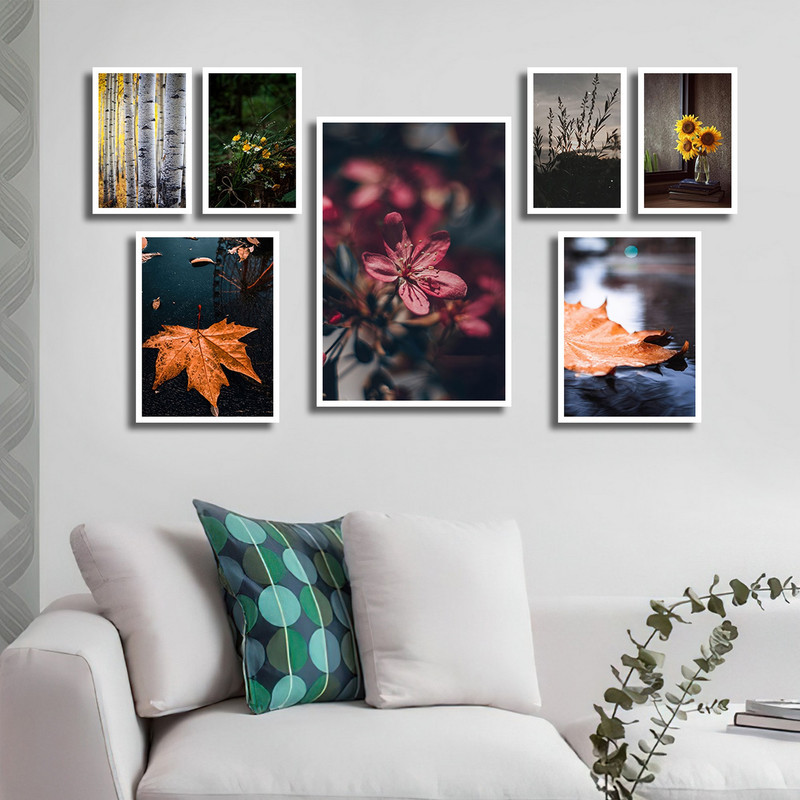 تابلو بکلیت طرح طبیعت گل آفتابگردان و برگ پاییزی مدل W-1559 مجموعه 7 عددی