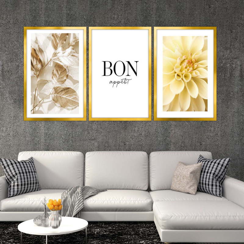 تابلو بکلیت طرح مدرن گل زرد و نوش جان مدل T-1872 مجموعه 3 عددی