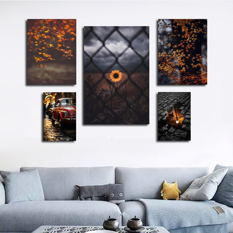 تابلو شاسی بکلیت طرح مدرن برگ پاییزی و گل آفتابگردان مدل SH-1672 مجموعه 5 عددی