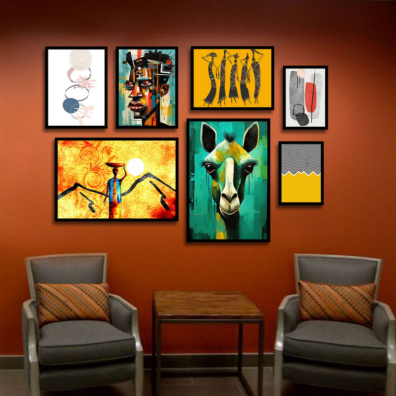 تابلو بکلیت طرح نقاشی مدرن فرهنگ آفریقایی و زرافه مدل B-1830 مجموعه 7 عددی