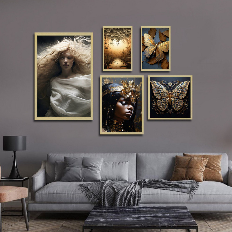 تابلو بکلیت طرح مدرن چهره و پروانه طلایی مدل BE-1756 مجموعه 5 عددی