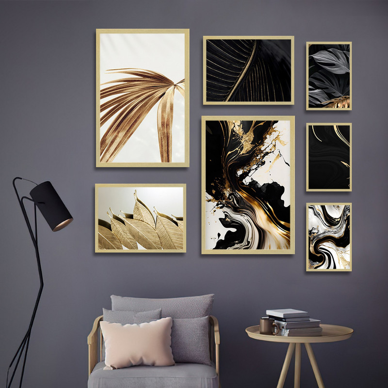 تابلو بکلیت طرح نقاشی مدرن آبرنگی و ورق طلا برگ مدل BE-1732 مجموعه 7 عددی