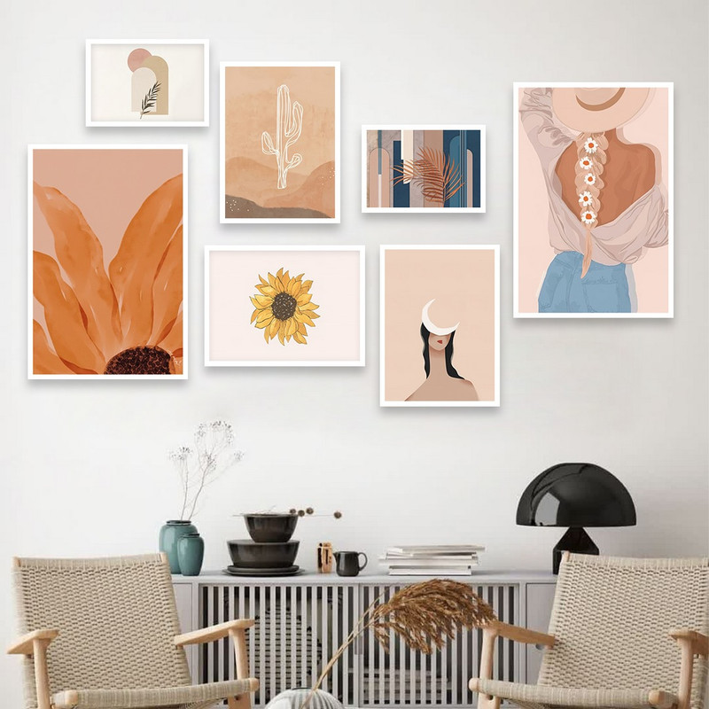 تابلو بکلیت طرح دخترانه نقاشی آبرنگ و گل آفتابگردان مدل W-691 مجموعه 7 عددی