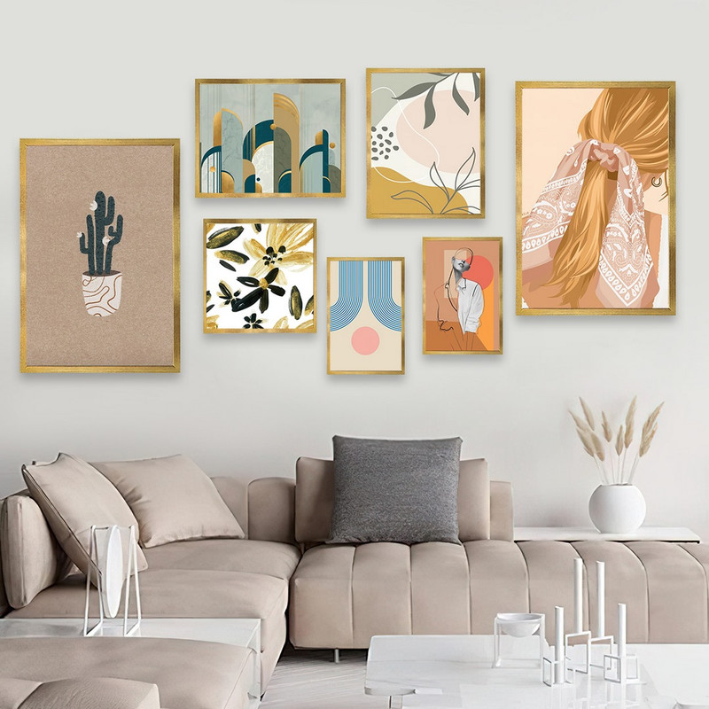 تابلو بکلیت طرح دخترانه مینیمال و نقاشی آبرنگ مدل T-688 مجموعه 7 عددی